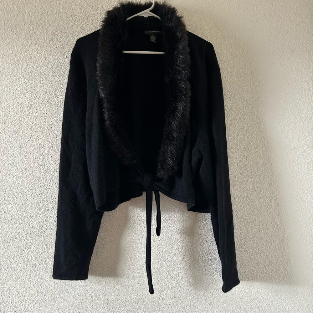 Black Faux-Fur Trim Women's Cardigan Sweater